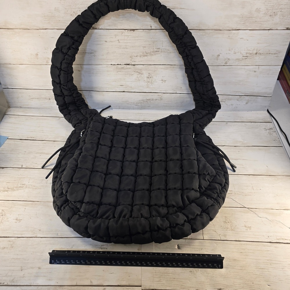 Black Quilted Puffer Hobo Bag Oversized Smocked Popcorn Texture‎ Shoulder Tote
